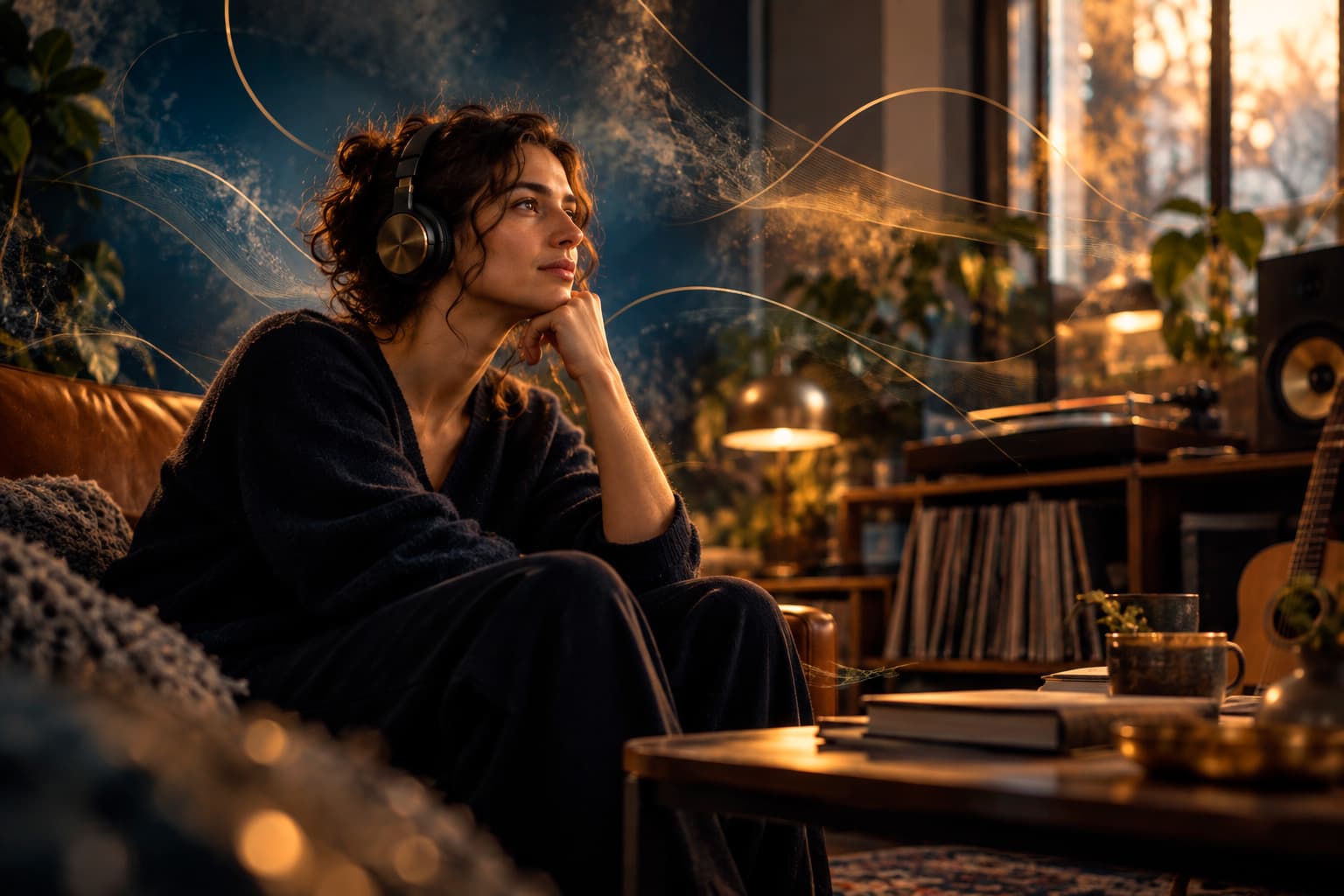 Músico em ambiente contemporâneo prestando escuta atenta a diferentes registros
