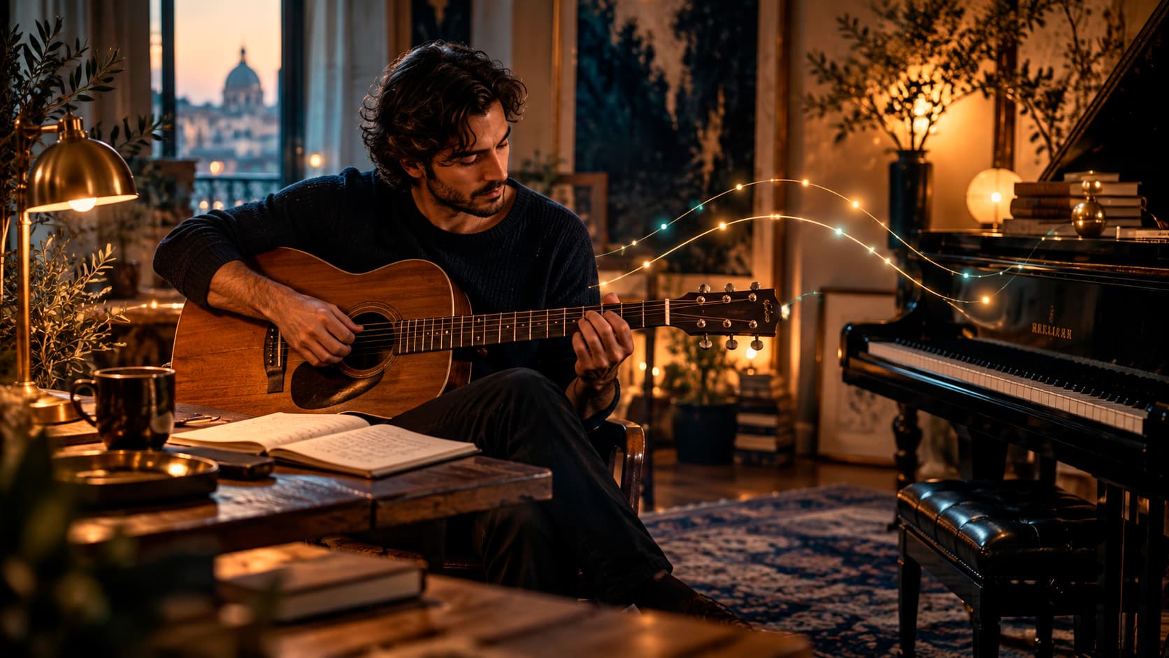 Músico compondo ao piano e violão utilizando passos de tom e semitom