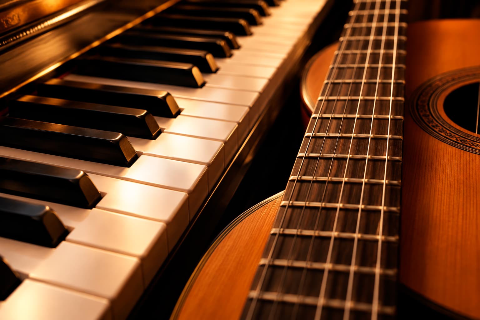 Teclado e braço de violão colocados lado a lado ilustrando a medição de passos